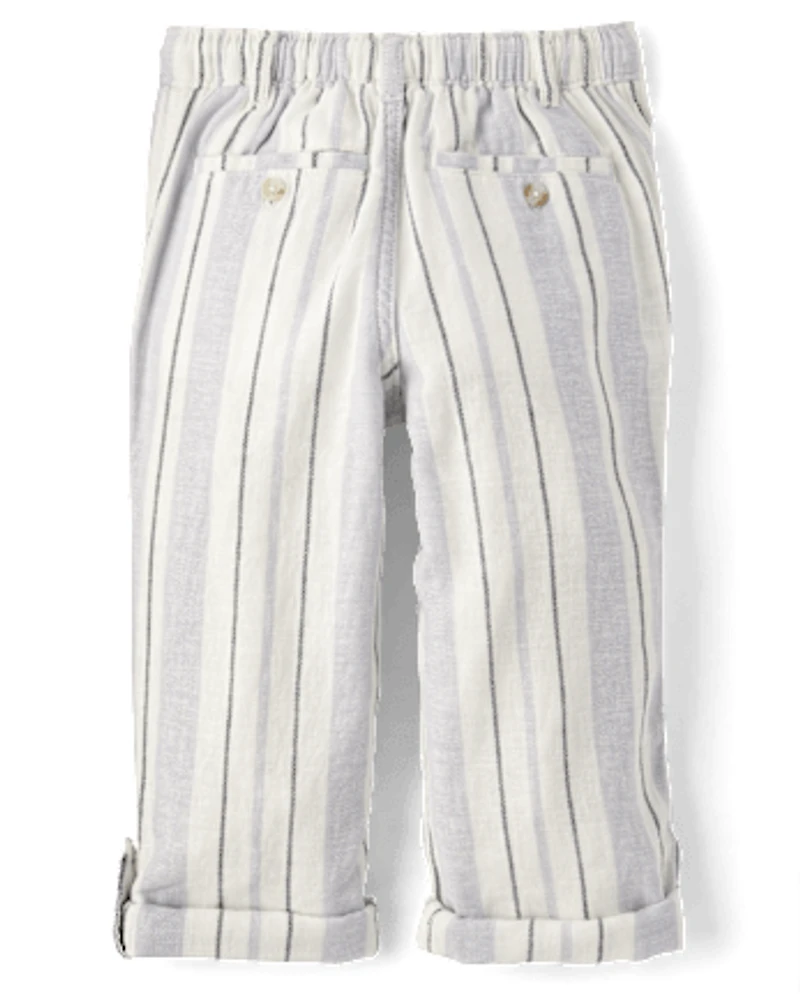 Kids Striped Roll Cuff Linen-Blend Pull On Pants