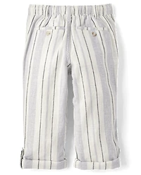 Kids Striped Roll Cuff Linen-Blend Pull On Pants