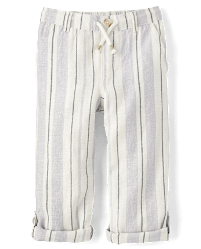 Kids Striped Roll Cuff Linen-Blend Pull On Pants