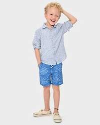 Kids Tropical Leaf Linen-Blend Pull-On Shorts