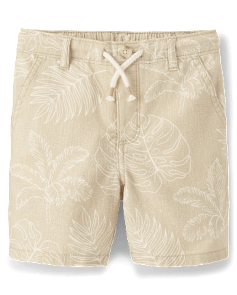 Kids Tropical Leaf Linen-Blend Pull-On Shorts