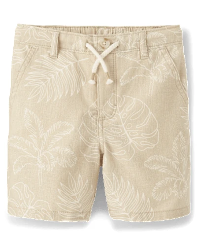 Kids Tropical Leaf Linen-Blend Pull-On Shorts