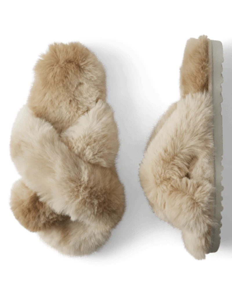Womens Faux Fur Criss Cross Slippers