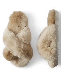 Womens Faux Fur Criss Cross Slippers