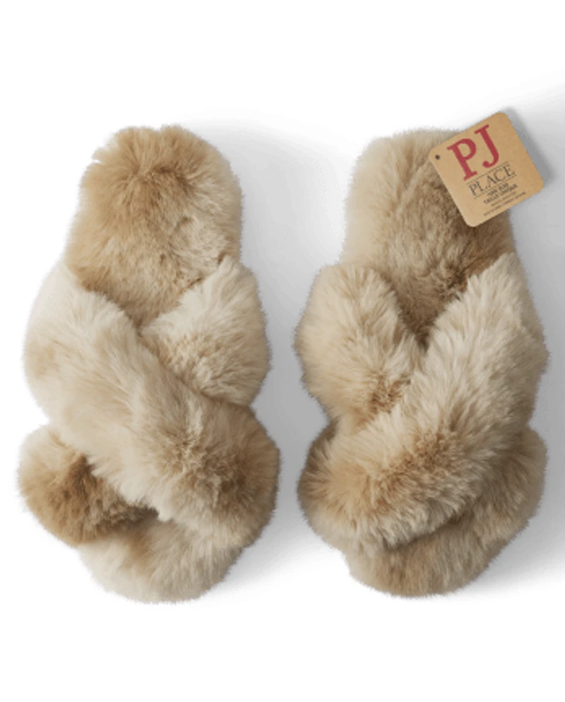 Womens Faux Fur Criss Cross Slippers