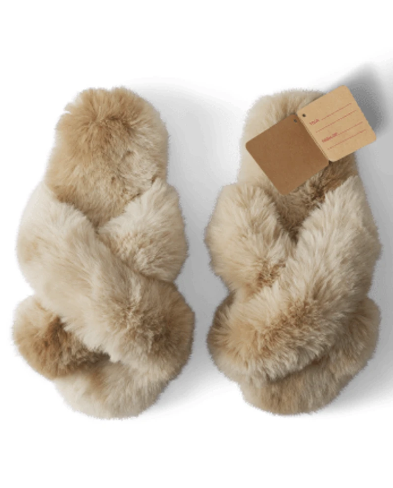 Womens Faux Fur Criss Cross Slippers