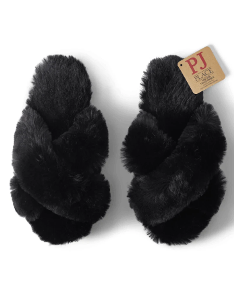 Womens Faux Fur Criss Cross Slippers