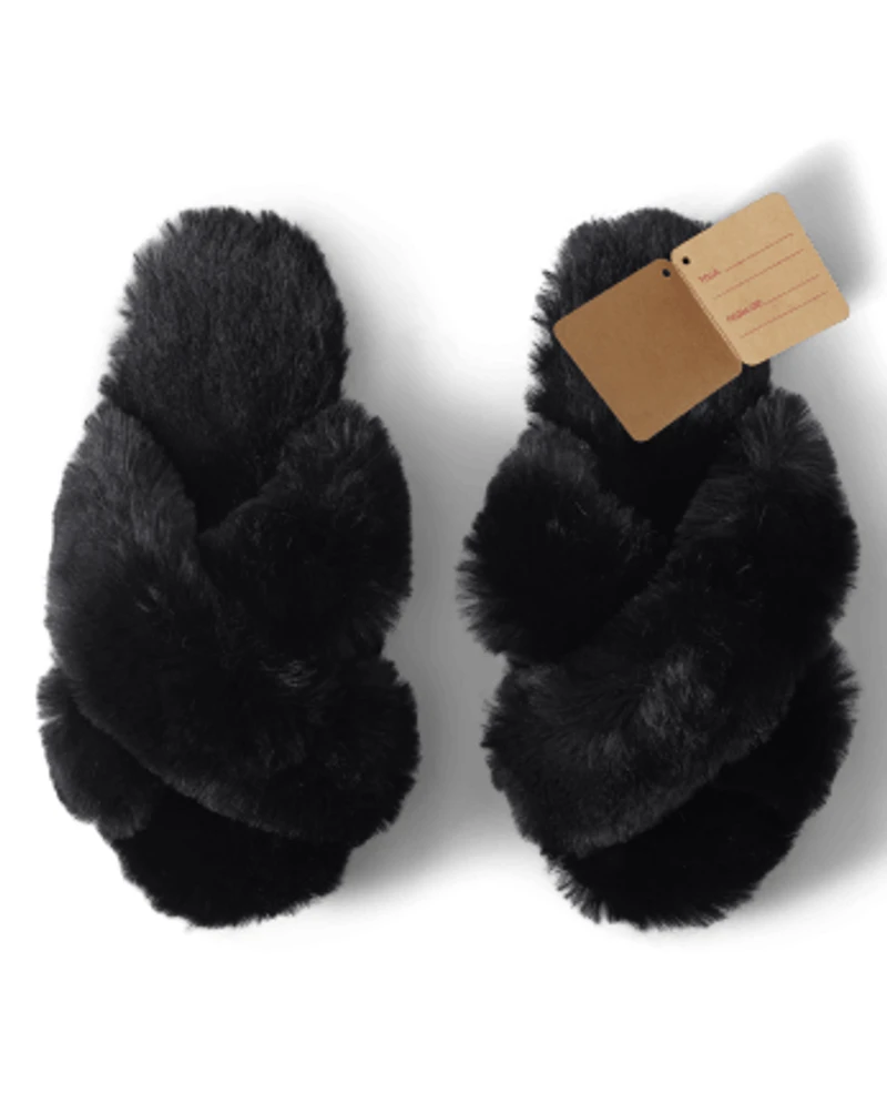Womens Faux Fur Criss Cross Slippers