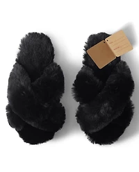Womens Faux Fur Criss Cross Slippers