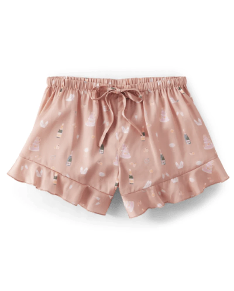 Womens Bridal Ruffle Satin Pajama Shorts