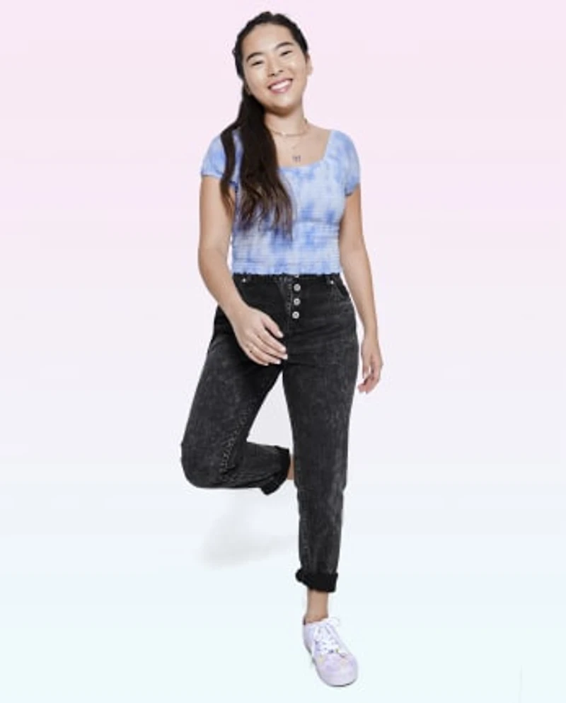 Tween Girls Button Front High Rise Girlfriend Jeans