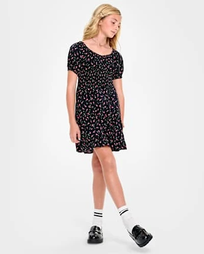 Tween Girls Floral Smocked Tiered Dress