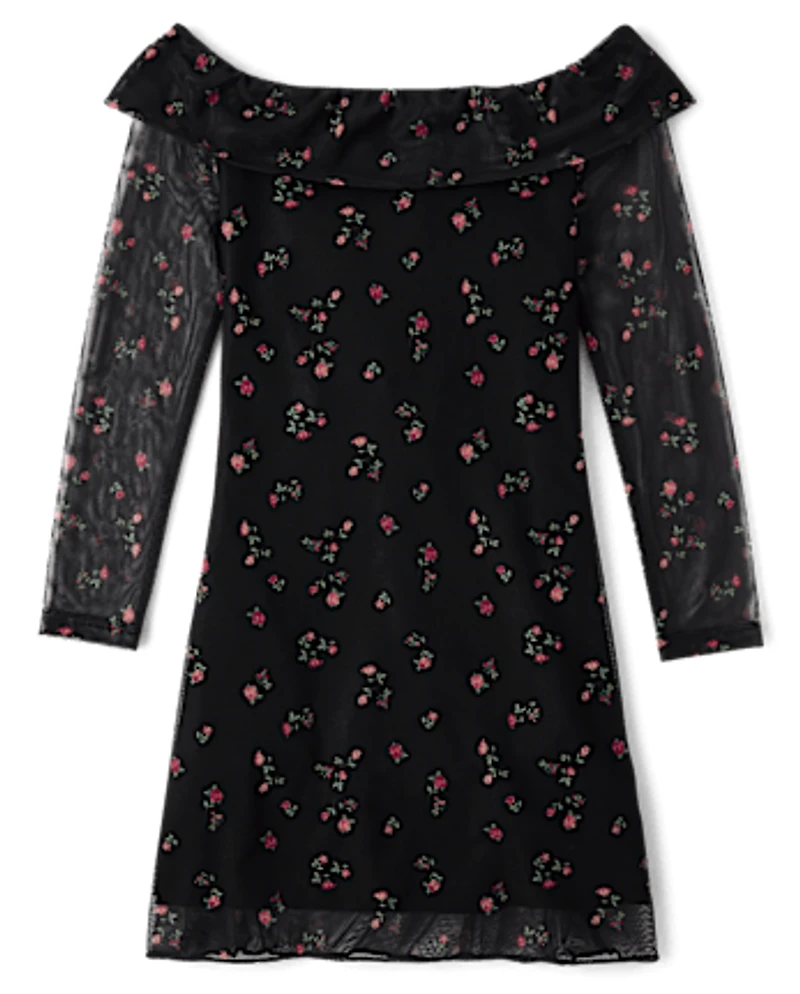Tween Girls Floral Mesh Off-Shoulder Dress