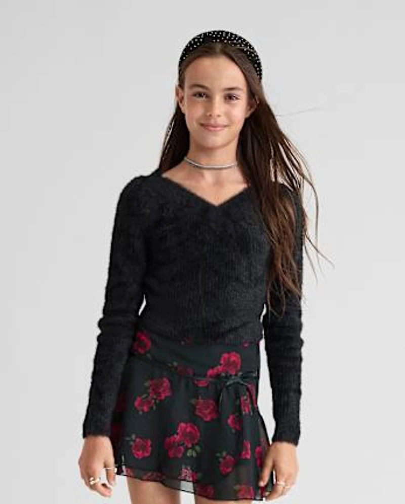Tween Girls Eyelash V Neck Sweater