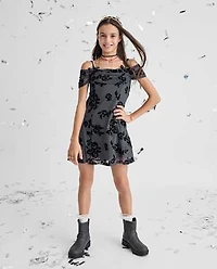 Tween Girls Textured Floral Off-Shoulder Dress