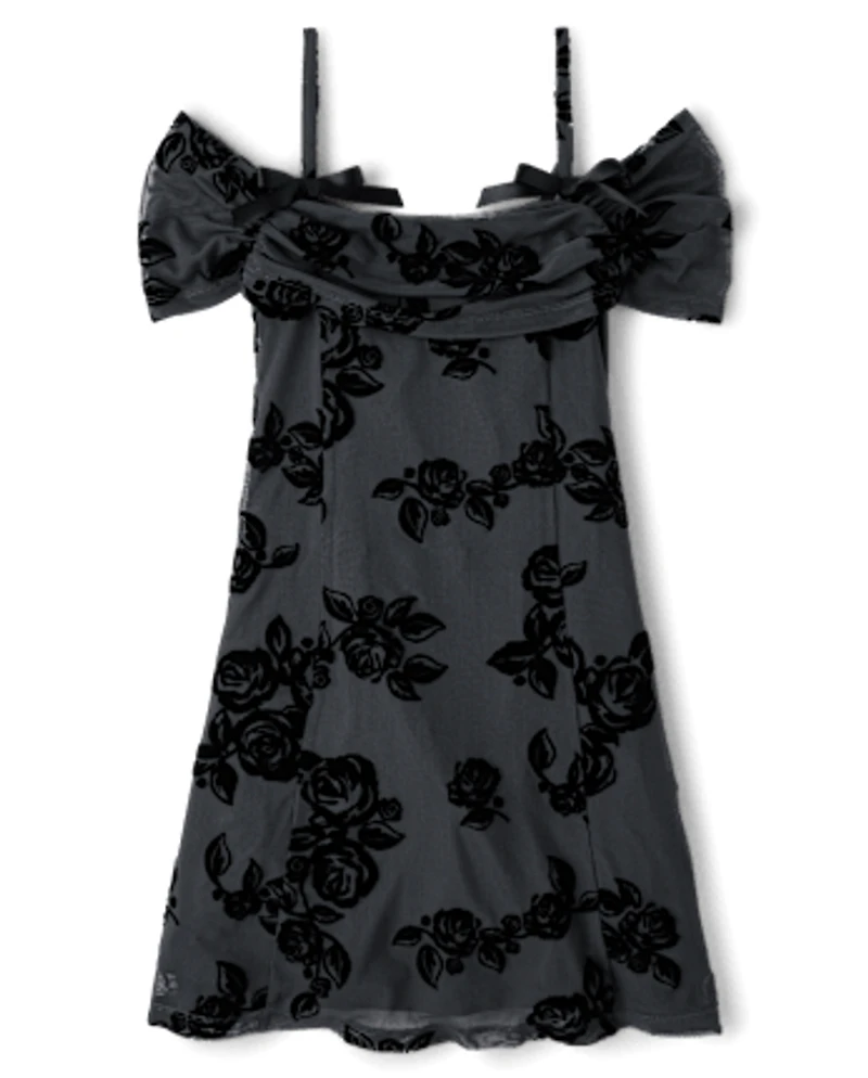 Tween Girls Textured Floral Off-Shoulder Dress