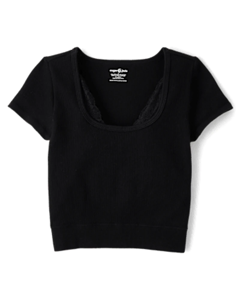 Tween Girls Lace Ribbed Seamless Top