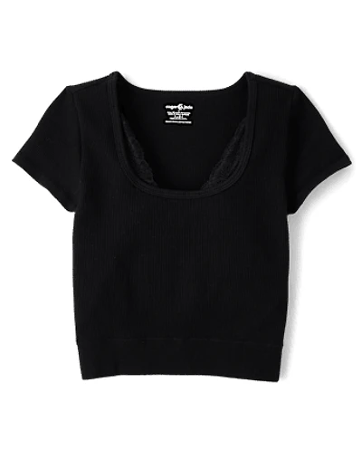 Tween Girls Lace Ribbed Seamless Top