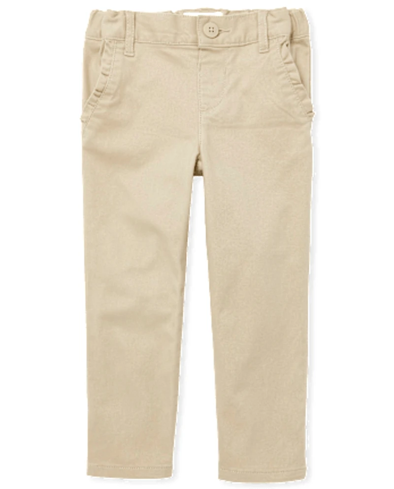Toddler Girls Uniform Ruffle Stretch Skinny Chino Pants