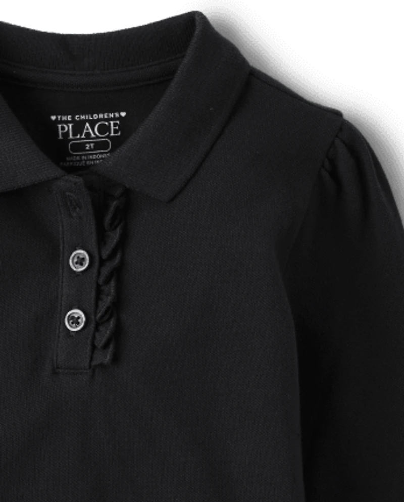 Polo en piqué extensible doux à volants pour uniforme de petite fille