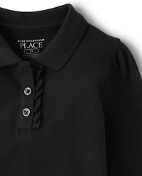 Polo en piqué extensible doux à volants pour uniforme de petite fille
