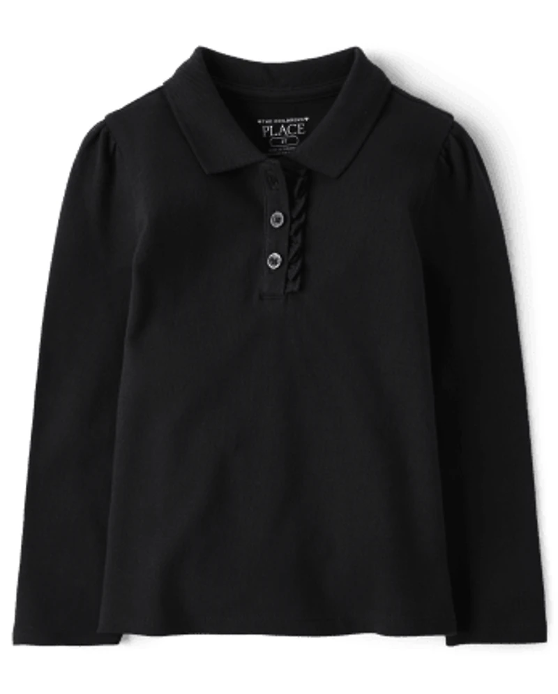 Polo en piqué extensible doux à volants pour uniforme de petite fille