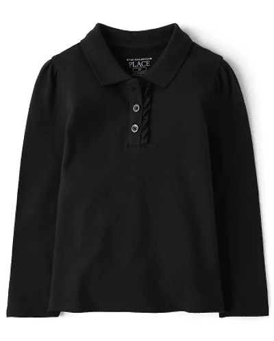 Polo en piqué extensible doux à volants pour uniforme de petite fille