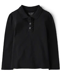 Polo en piqué extensible doux à volants pour uniforme de petite fille
