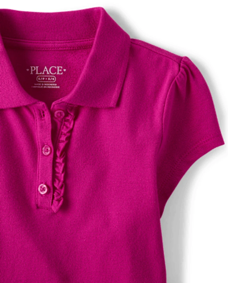 Polo en piqué extensible doux à volants pour uniforme filles