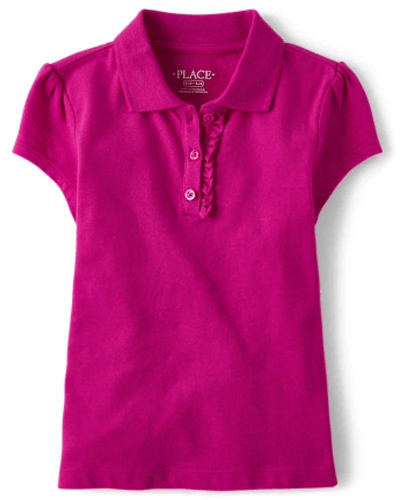 Polo en piqué extensible doux à volants pour uniforme filles
