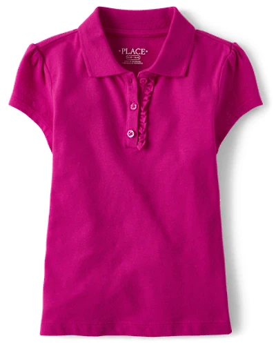Polo en piqué extensible doux à volants pour uniforme filles