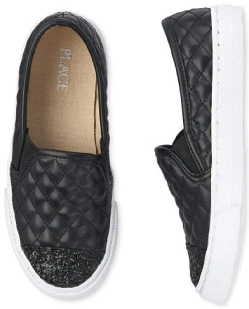 Girls Glitter Quilted Slip On Sneakers