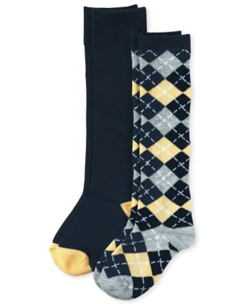 Lot de 2 paires chaussettes hautes à motif losanges pour fille