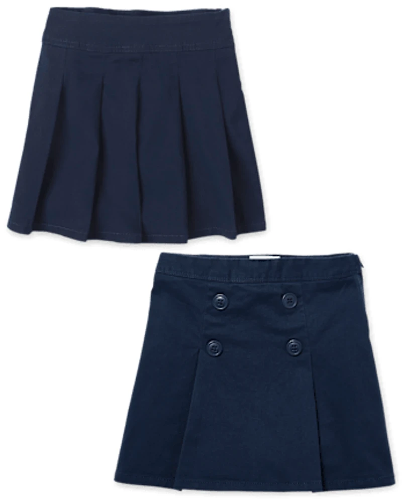 Girls Uniform Stretch Pleated Button Skort 2-Pack - Plus