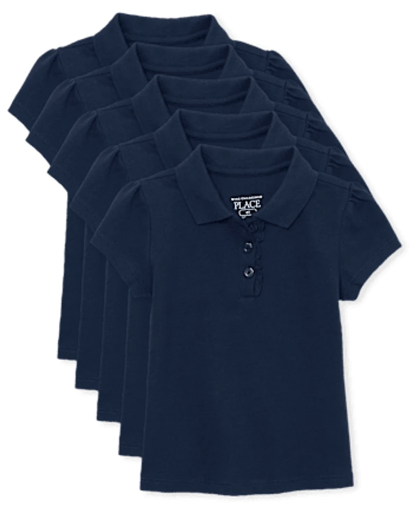 Lot de 5 polos en piqué extensible doux à volants pour uniforme petite fille