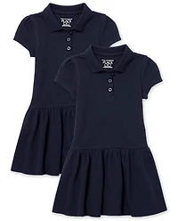 Toddler Girls Uniform Ruffle Soft Pique Polo Dress 2-Pack