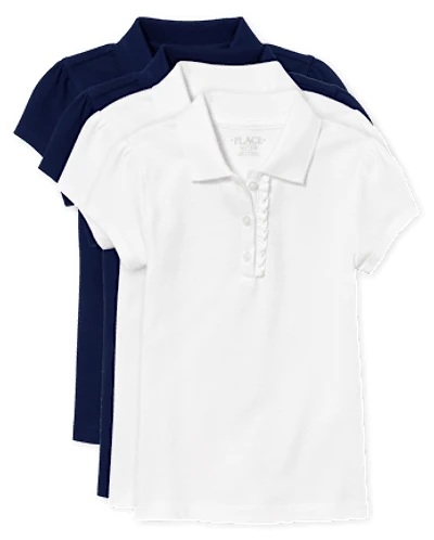 Girls Uniform Ruffle Soft Stretch Pique Polo 4-Pack - Plus