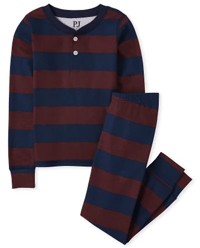 Boys Striped Henley Snug Fit Cotton Pajamas