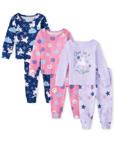 Baby And Toddler Girls Sheep Snug Fit Cotton Pajamas 3-Pack