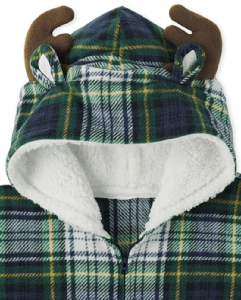 Kids Matching Family Fleece Plaid Moose One Piece Pajamas