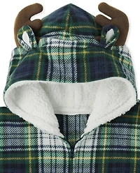 Kids Matching Family Fleece Plaid Moose One Piece Pajamas