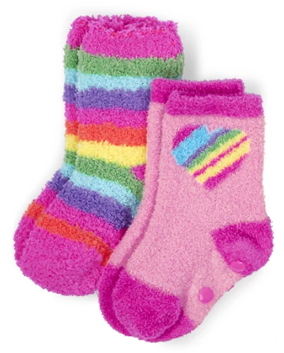 Lot de 2 paires chaussettes douillettes cœur arc-en-ciel pour toute-petite fille