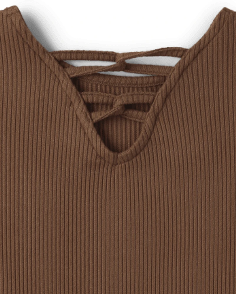 Girls Ribbed Tie Front Top