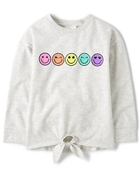 Girls Rainbow Happy Face Tie Front Top