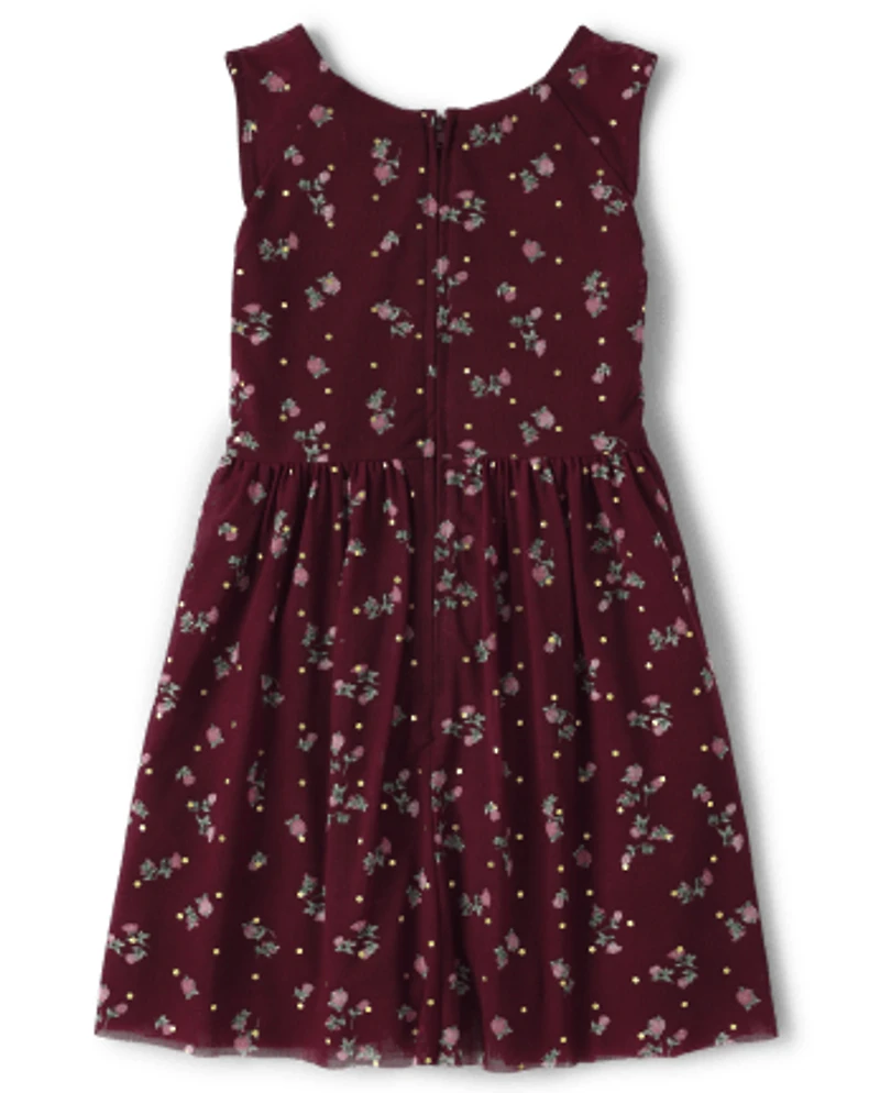 Girls Floral Mesh High Low Dress
