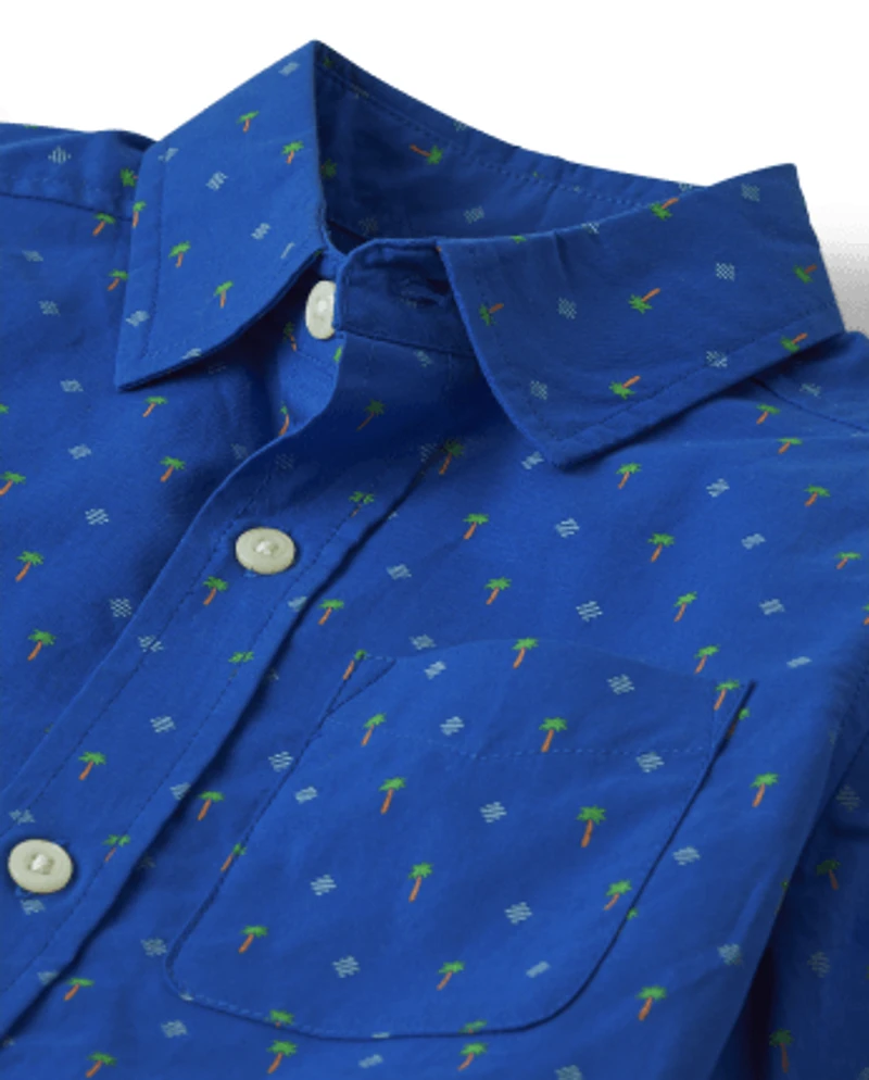 Boys Palm Tree Poplin Button Up Shirt