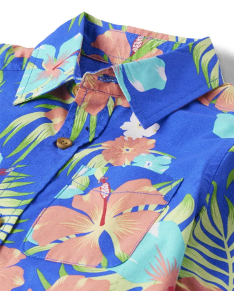Boys Matching Family Tropical Poplin Button Up Shirt