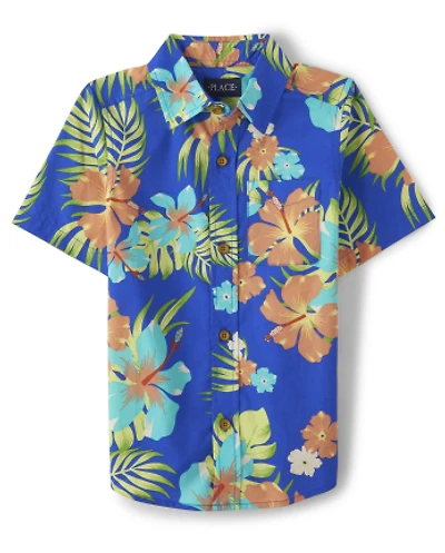 Boys Matching Family Tropical Poplin Button Up Shirt