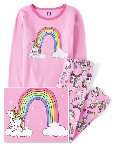 Girls Rainbow Unicorn Snug Fit Cotton Pajamas