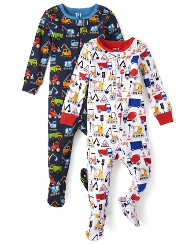 Baby And Toddler Boys Construction Vehicle Snug Fit Cotton One Piece Pajamas 2-Pack